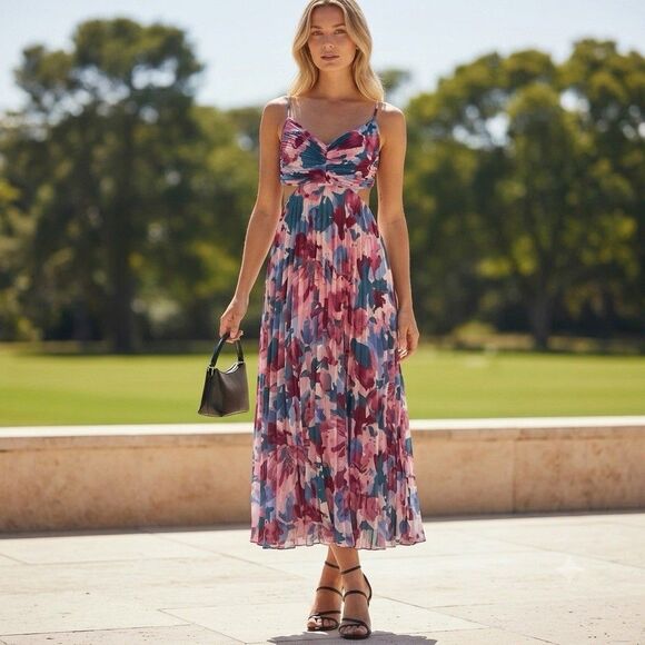 Abercrombie & Fitch Dresses & Skirts - Abercrombie & Fitch Giselle Floral Maxi Dress XL Pink Pleated Resort Costal NWT